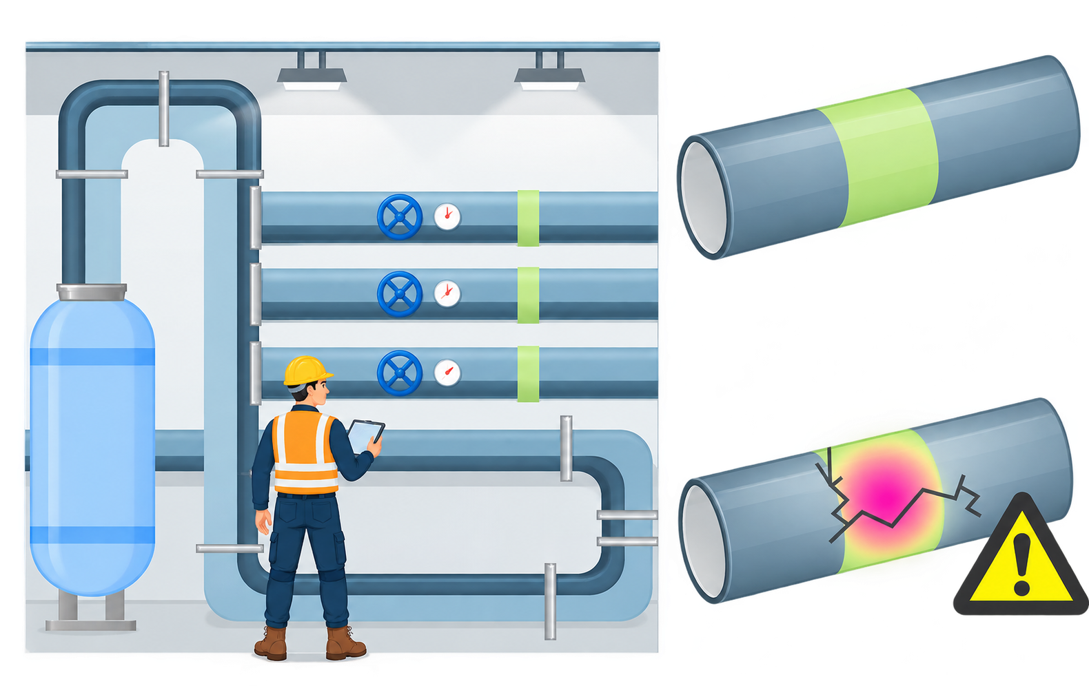 Pipes with Lonoa-H2 film: normal surface and color change at a leak